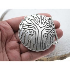 Tree of Life Belt Buckle Family Motif Round Antique Silver Symbolic Design