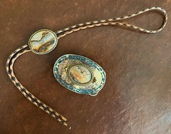 Vintage Southwestern Agate Stone Bolo Tie & Belt Buckle Set Gold Tone ZB-003