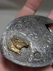 vintage MONTANA SILVERSMITHS belt buckle SILVER PLATE western HORSE engraved