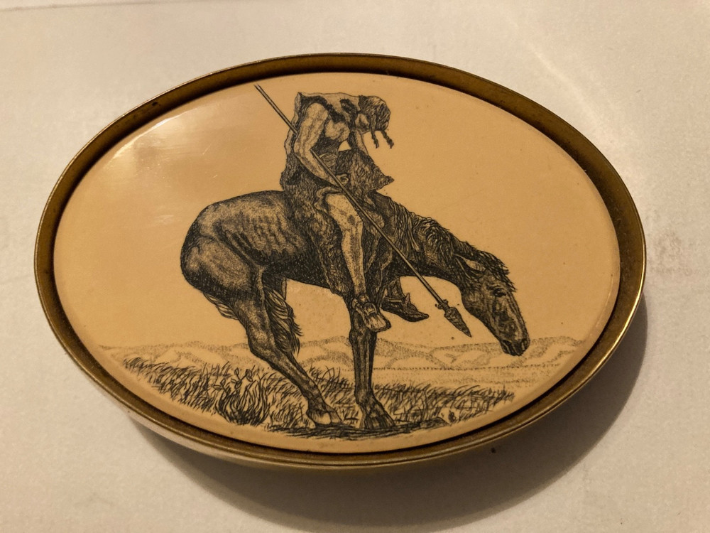 Vtg Barlow Brass Faux Scrim Shaw Etched “End of the Trail” Belt Buckle