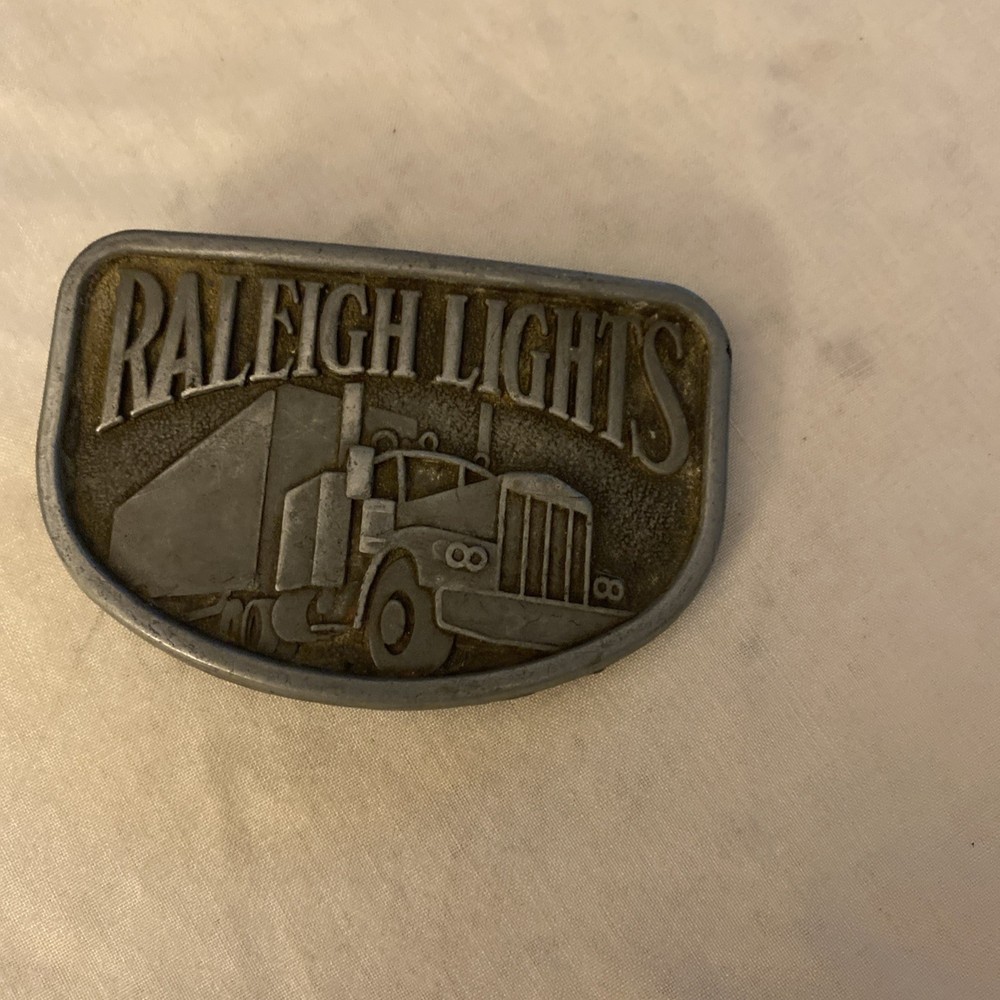 VTG Belt Buckle Vintage Raleigh Lights Trucker Pewter 1980 Tobacco Cigarettes