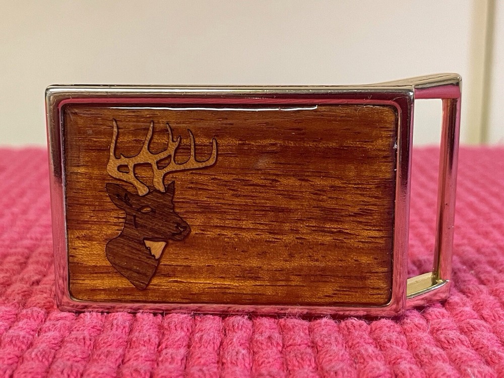 Harmony Metal Belt Buckle Wood Inlay w/Deer Head Gold Color Metal Good Condition