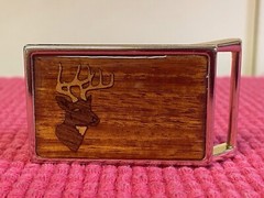 Harmony Metal Belt Buckle Wood Inlay w/Deer Head Gold Color Metal Good Condition