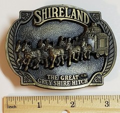 SHIRELAND Vintage Belt Buckle Pewter THE GREAT GREY SHIRE HITCH Horses 1987