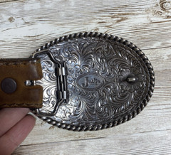 Justin Belt Mens Brown Leather Silver Tone Buckle Floral Scroll Western Cowboy