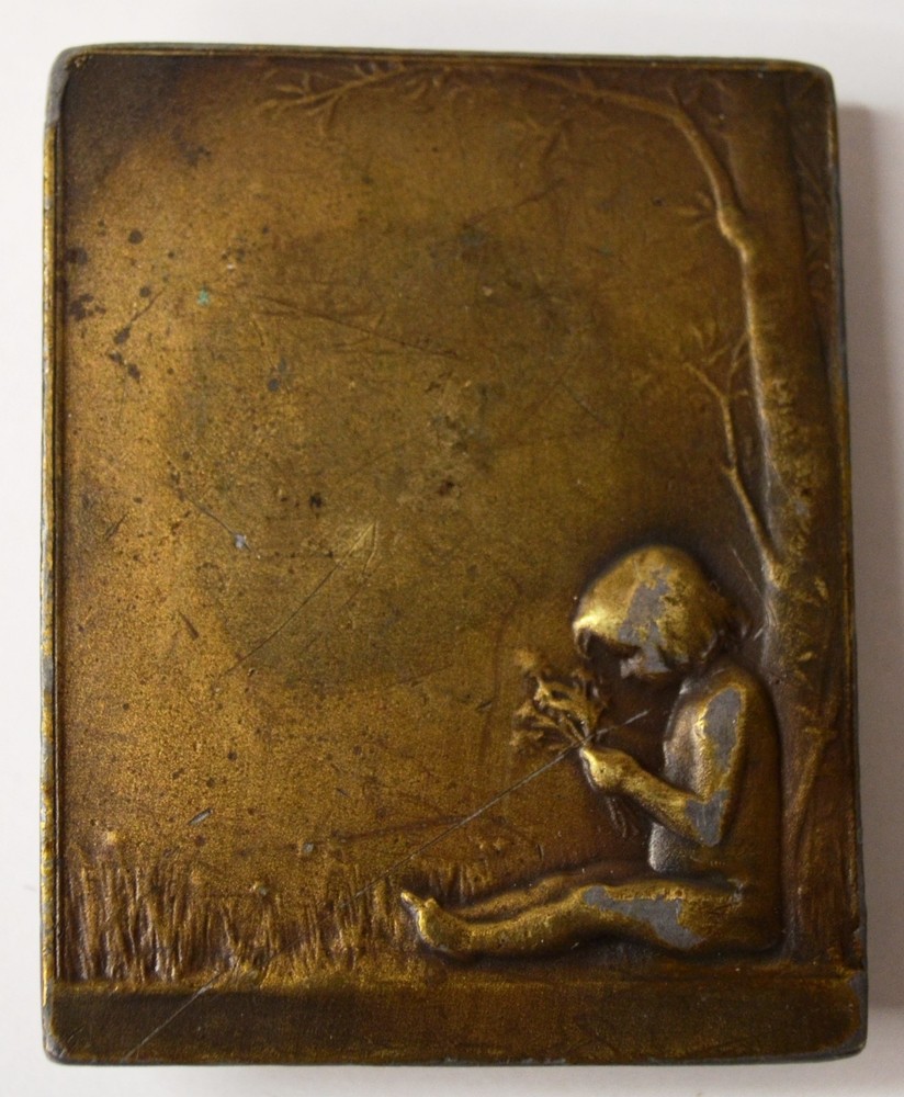 BERGAMOT BRASS WORKS CHILD HOLDING FLOWERS METAL BELT BUCKLE