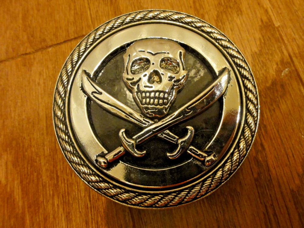 Skull Belt Buckle Crossed Swords Round Biker Gothic Metal 3” Diameter