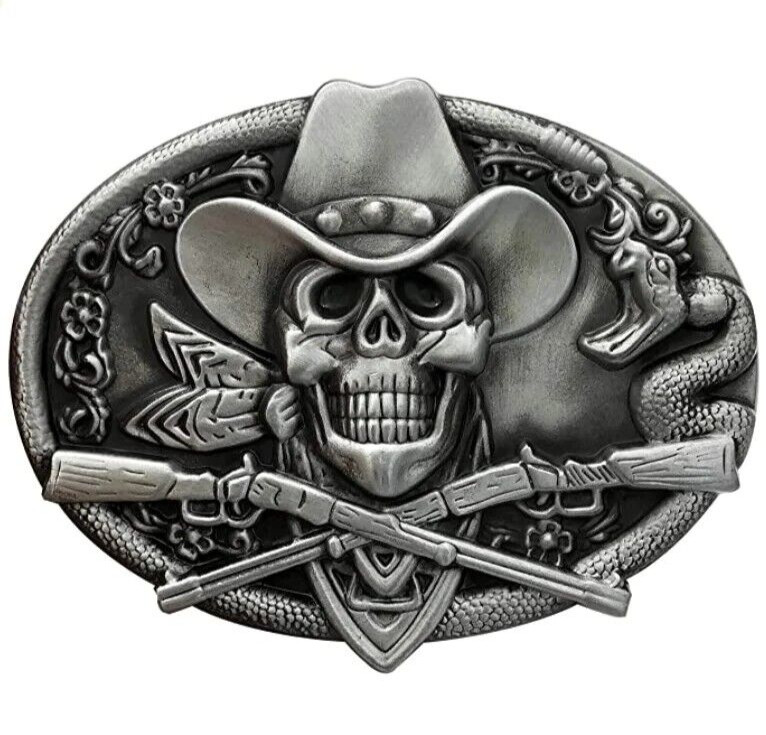 Dead Cowboy Belt Buckle Skull Crossed Guns Rattlesnake Western Fits 1.5&Prime; Belt