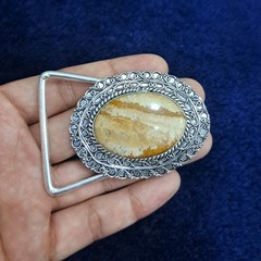 Silver Plated Belt Buckle Handmade Jasper Gemstone Western Cowboy Belt For Men