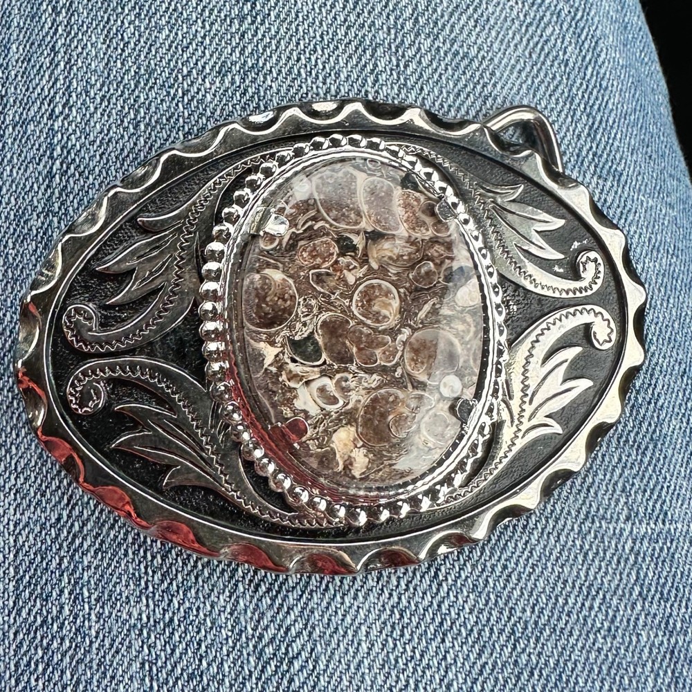 Vintage Turritella Agate Fossil Belt Buckle Silver Tone Western Scroll Oval COCO