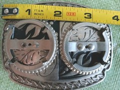 Vintage Western Metal Belt Buckle 4&Prime; Filigree & Paisley w/Two Large Coin Inserts