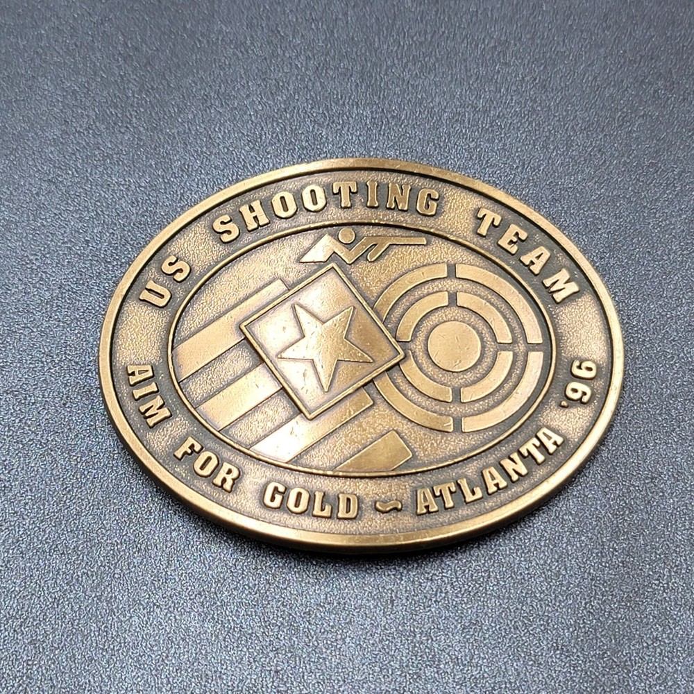 1996 US OLYMPICS ATLANTA SHOOTING TEAM BELT BUCKLE AIM FOR GOLD