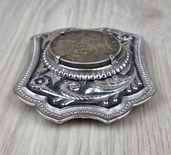 Vtg 1923 Peace Silver Dollar Coin Belt Buckle Engraved Scrollwork Western Cowboy