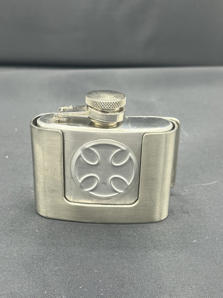 2 oz. Flask with Iron Cross Metal Removable Belt Buckle Alcohol Drink