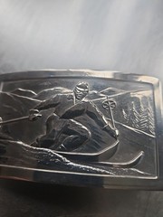JUSTIN BELT CO. FORT WORTH TEXAS Vintage Skiing Silver Tone Belt Buckle