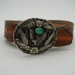 S.S.I Native American Eagle Floral Belt Buckle With Turquoise And Coral Stone