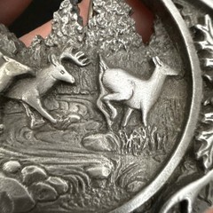 NICE PEWTER 1990 C + J INC DEER SCENE AND ANTLER BELT BUCKLE MADE IN USA