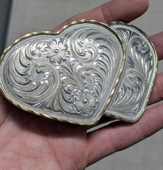 vintage DOUBLE HEARTS belt buckle WESTERN german silver ALPACA cowboy rodeo