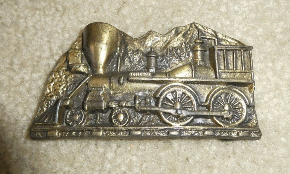 Vintage 1970s Brass Steam Locomotive on Track Belt Buckle 3 3/4&Prime; Wide
