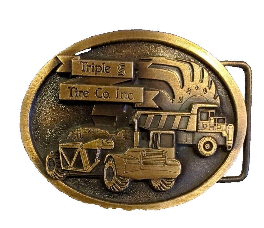 Triple S Advertising Belt Buckle Brass Tone Metal Excavating Equip NOS Spec Cast