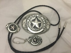 3 piece box set Great Seal of Texas Buckle Belt Buckle, Bolo & Key Ring Silver