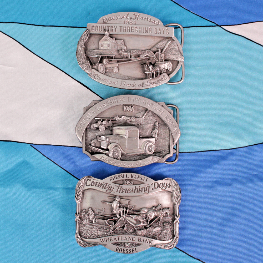 Vtg 80s Goessel Kansas Belt Buckle Lot of 3 Country Threshing Days 1984-1986