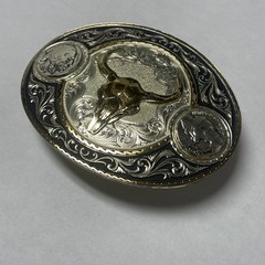 Montana Silversmiths Two-Tone Buffalo Nickel Belt Buckle with Longhorn Skull