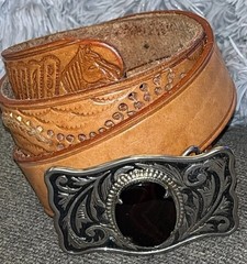 Black Agate Cabochon Stone Buckle & Leather Belt Silver Tone Accents Size 46