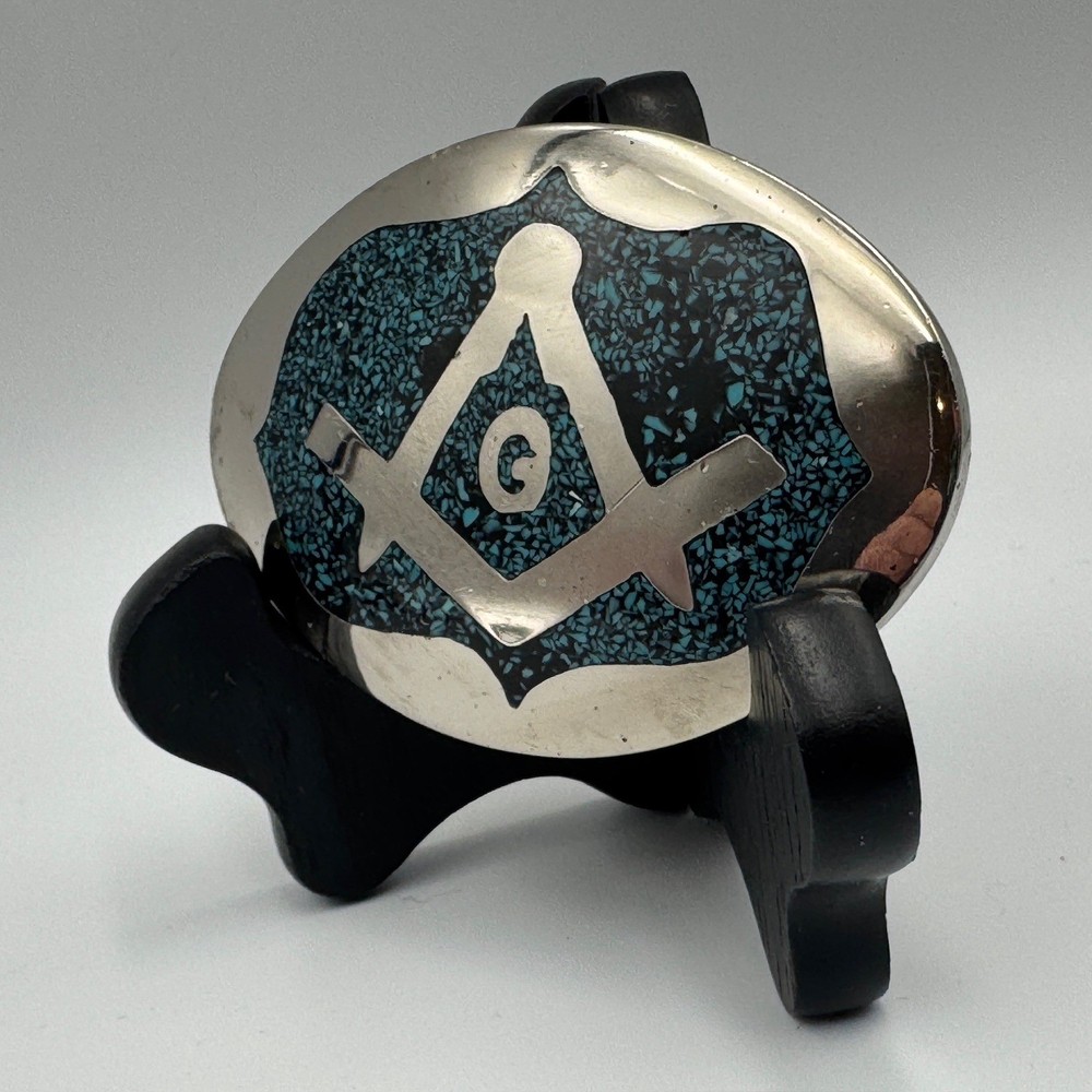 Vintage Masonic Belt Buckle Turquoise Chip Inlay Compass Silver Tone