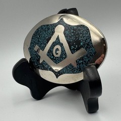 Vintage Masonic Belt Buckle Turquoise Chip Inlay Compass Silver Tone
