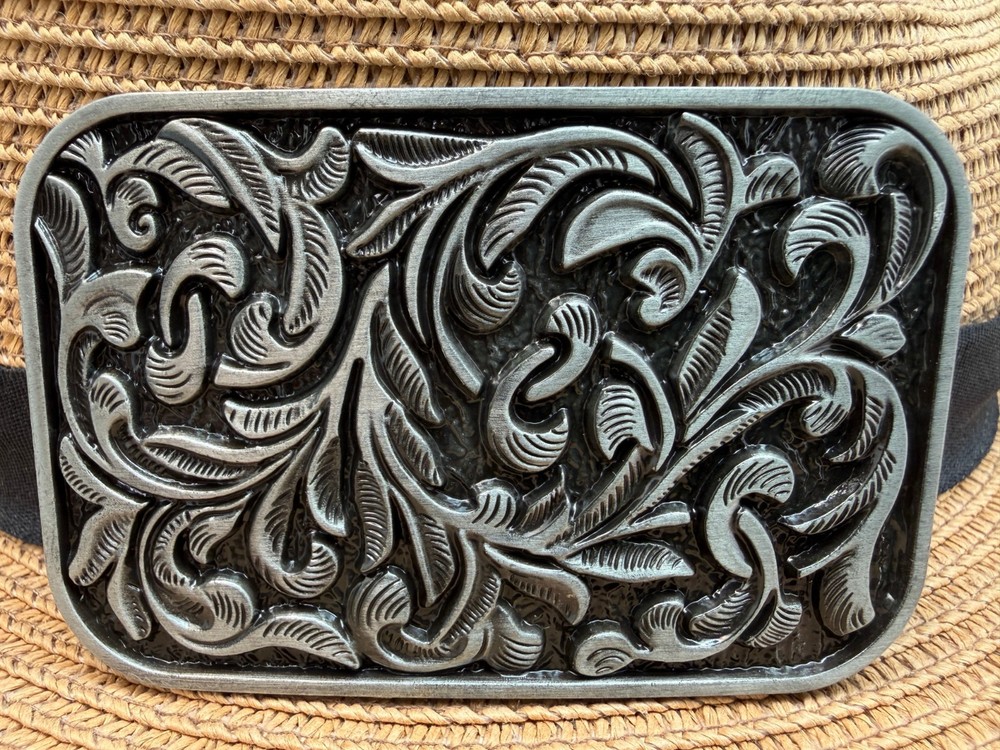 Classic Vintage Western Cowboy Antiqued Silver Floral Belt Buckle