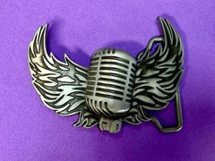 Retro Microphone Flying Mic & Wings Rock Music Silver Color Cutout Belt Buckle