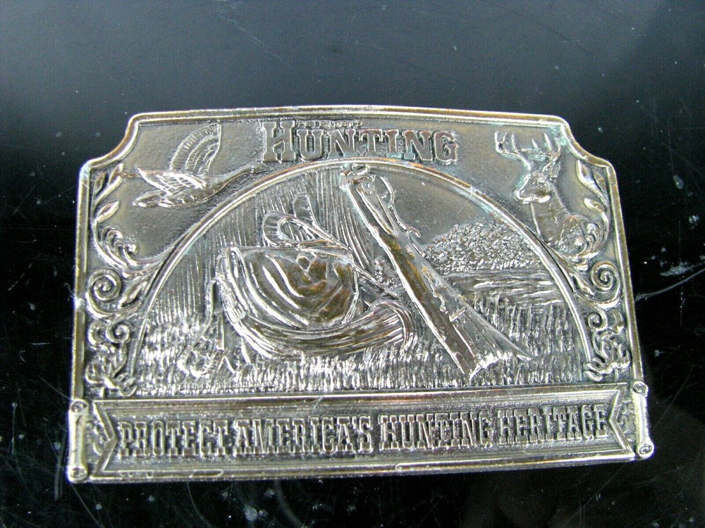 Vintage 1976 Protect America Hunting Heritage Belt Buckle Lewis Buckle Co