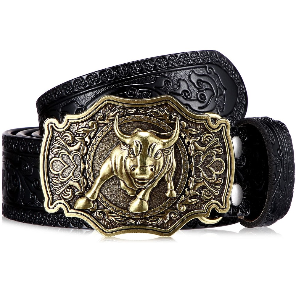 Western Belt Leather Belt with Buckle Cowboy Buckle Belt with Longhorn S…