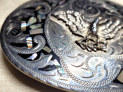 Vintage Alpaca Mexico Eagle Abalone Shell Mother Pearl Inlay Belt Buckle