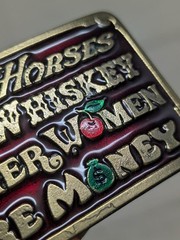 1970s vintage SOLID BRASS enamel WHISKEY money WOMEN horses WESTERN bourbon