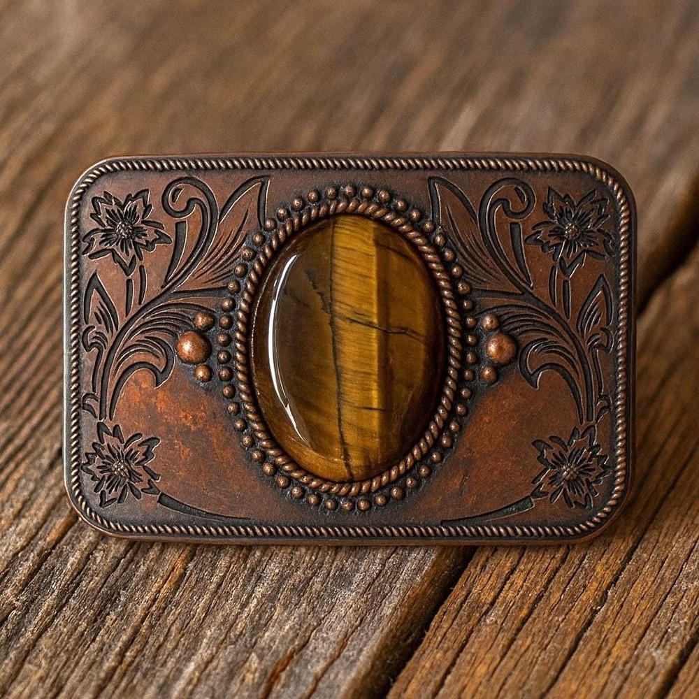Bronze Tigers Eye Belt Buckle Antique Gold Silver Western Cowboy Style