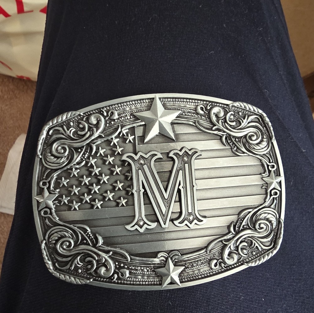 USA Flag Initial M Belt Buckle Western Cowboy Patriotic Monogram Fits 1.5 Belt