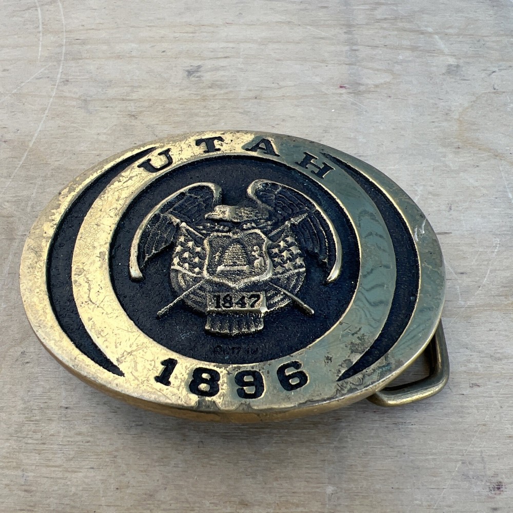 Vtg Utah 1896 State Seal Belt Buckle First Security Corp Collection Brass