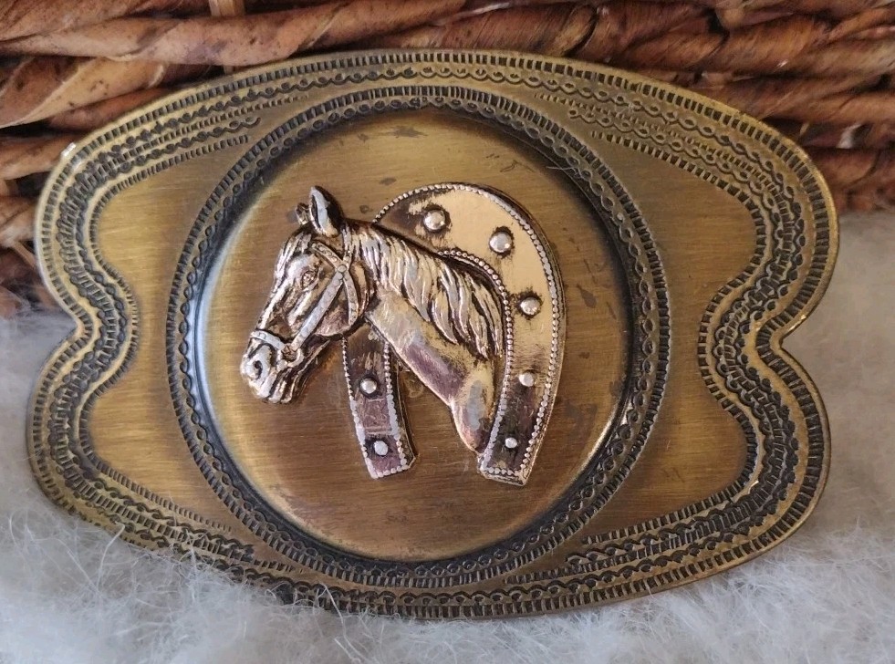 Vtg Horse Head Belt Buckle With Horseshoe Collar Brass Tone Japan