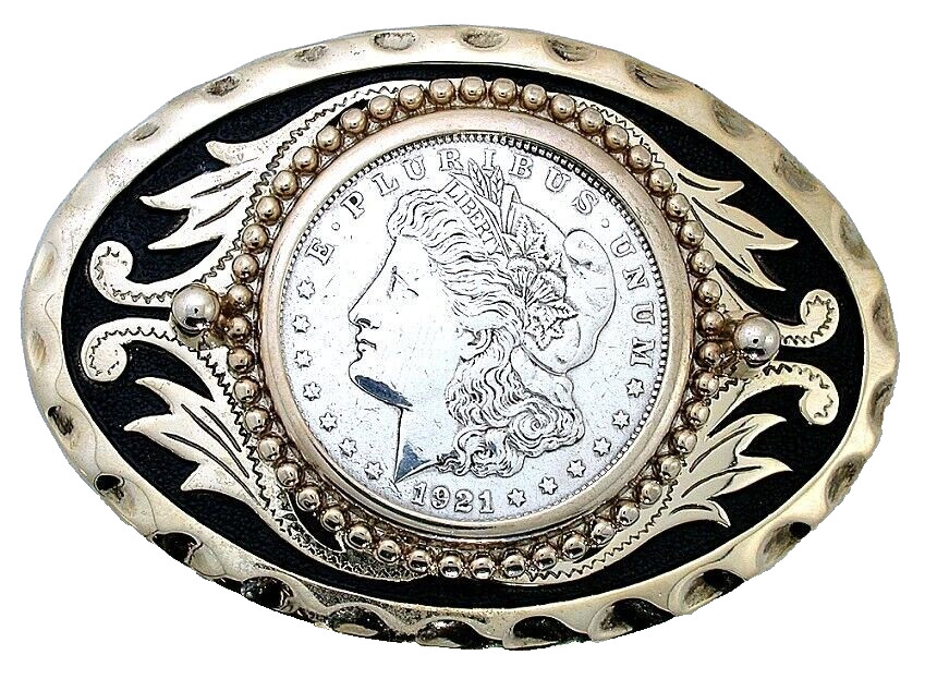 Gold Color Oval Western REAL 1921 Morgan Silver Dollar Belt Buckle EBS6196/8324