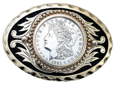 Gold Color Oval Western REAL 1921 Morgan Silver Dollar Belt Buckle EBS6196/8324