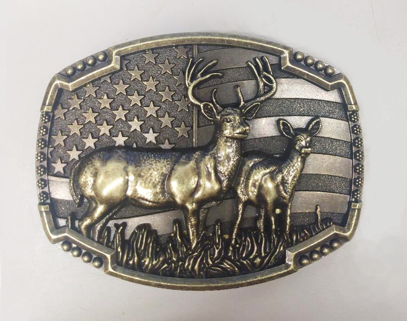 Beautiful high relief buckle showing a deer with mate against US flag.
