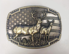 Beautiful high relief buckle showing a deer with mate against US flag.