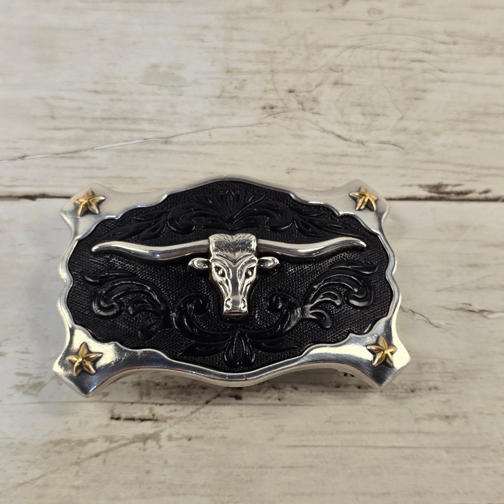 Western Longhorn Bull Head Belt Buckle Silver Black Gold Star Cowboy Rodeo