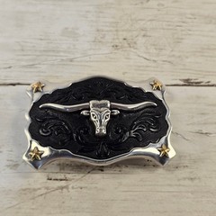 Western Longhorn Bull Head Belt Buckle Silver Black Gold Star Cowboy Rodeo