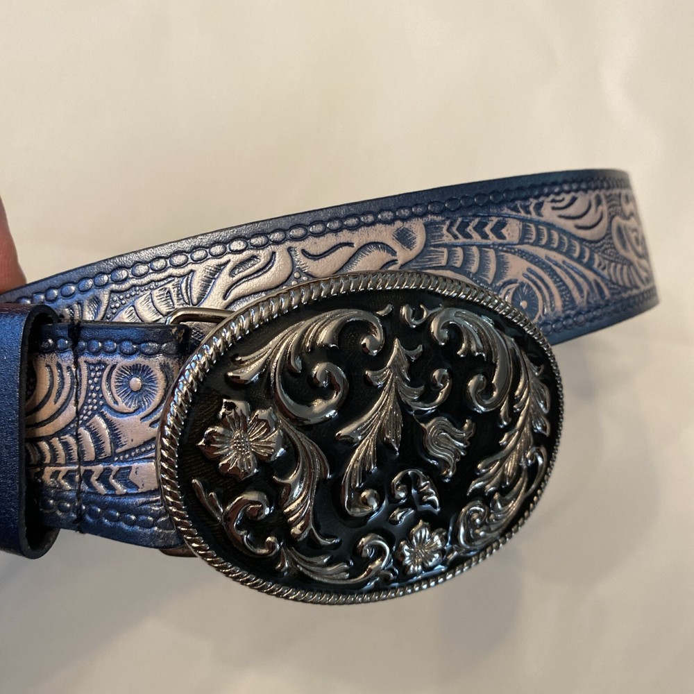 Western Cowgirl Flower Pattern Metal Belt Buckle With Silver/blue Flower M Belt
