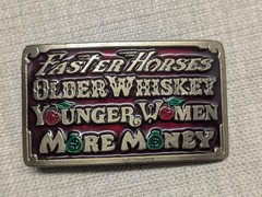 1970s vintage SOLID BRASS enamel WHISKEY money WOMEN horses WESTERN bourbon