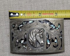 vintage WESTERN buckle belt HANDCRAFTED german silver ALPACA abalone HORSE