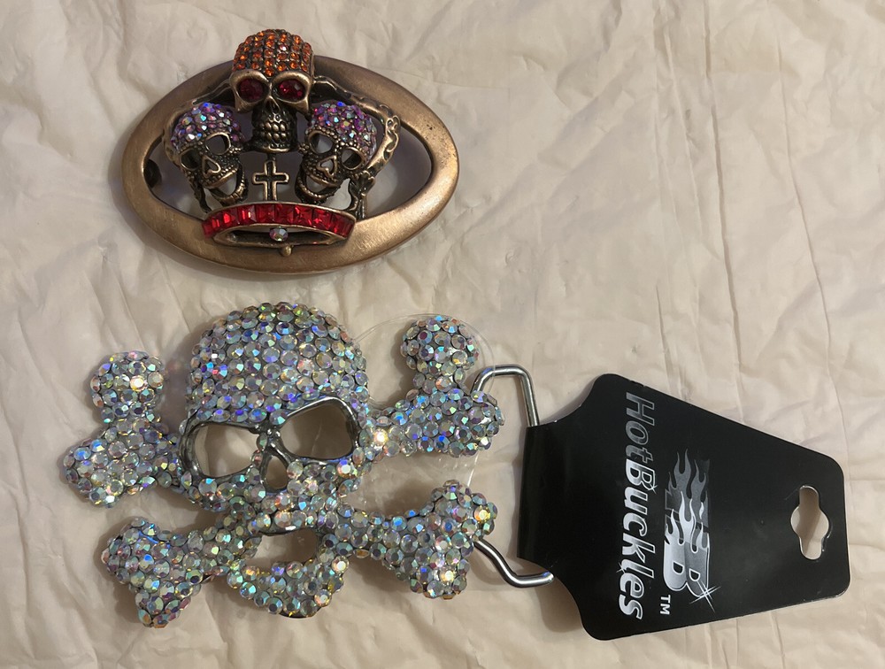 2 NEW Skull Belt Buckles Bling Crossbones Halloween Pirate Costume Goth
